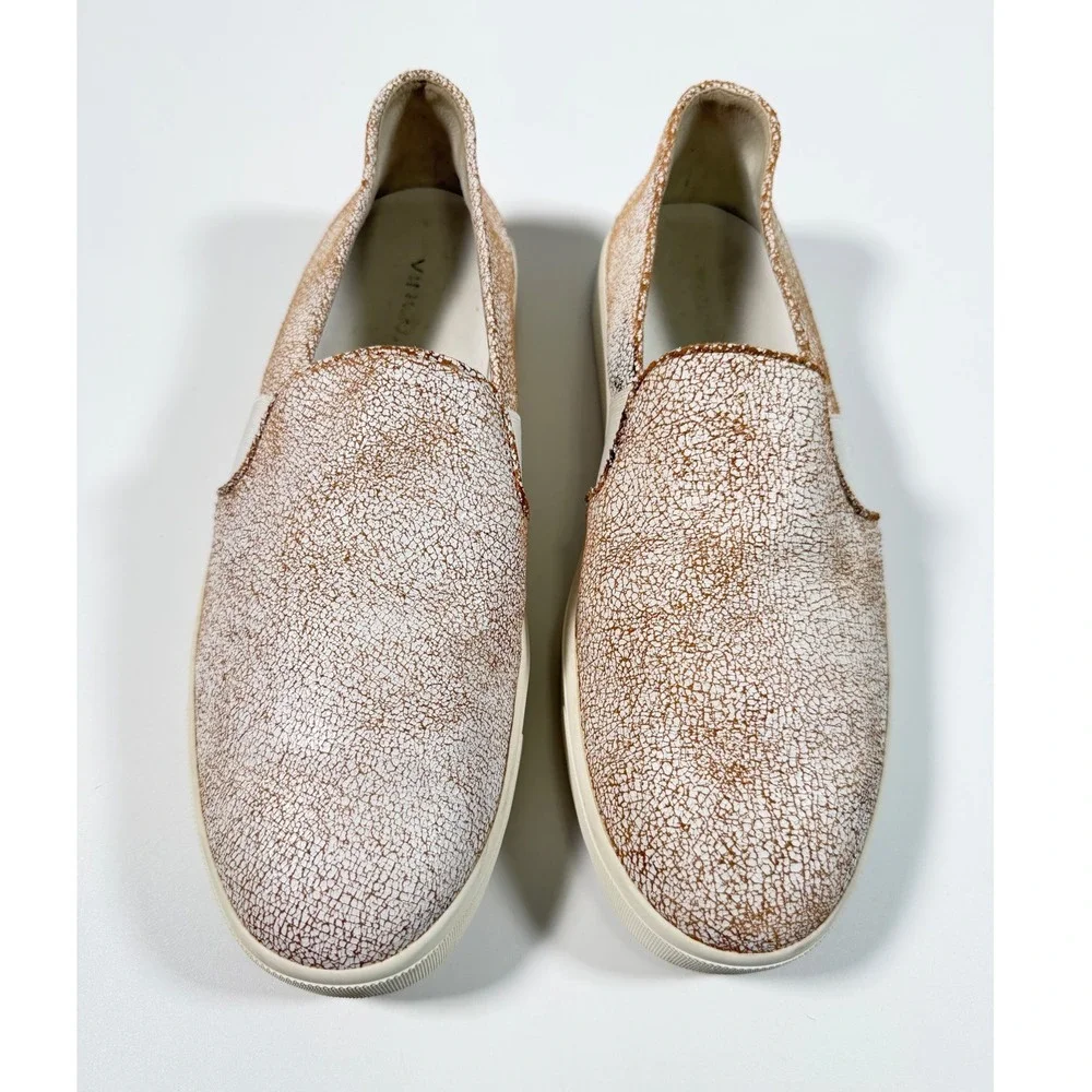 Vince Crackled Metallic Leather Slip On Sneakers Women's Size 9 White Bronze